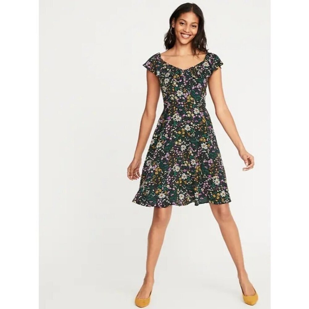 Old Navy Women's Size Large Sundress Dark Floral Black Cami Dress Flutter Sleeve